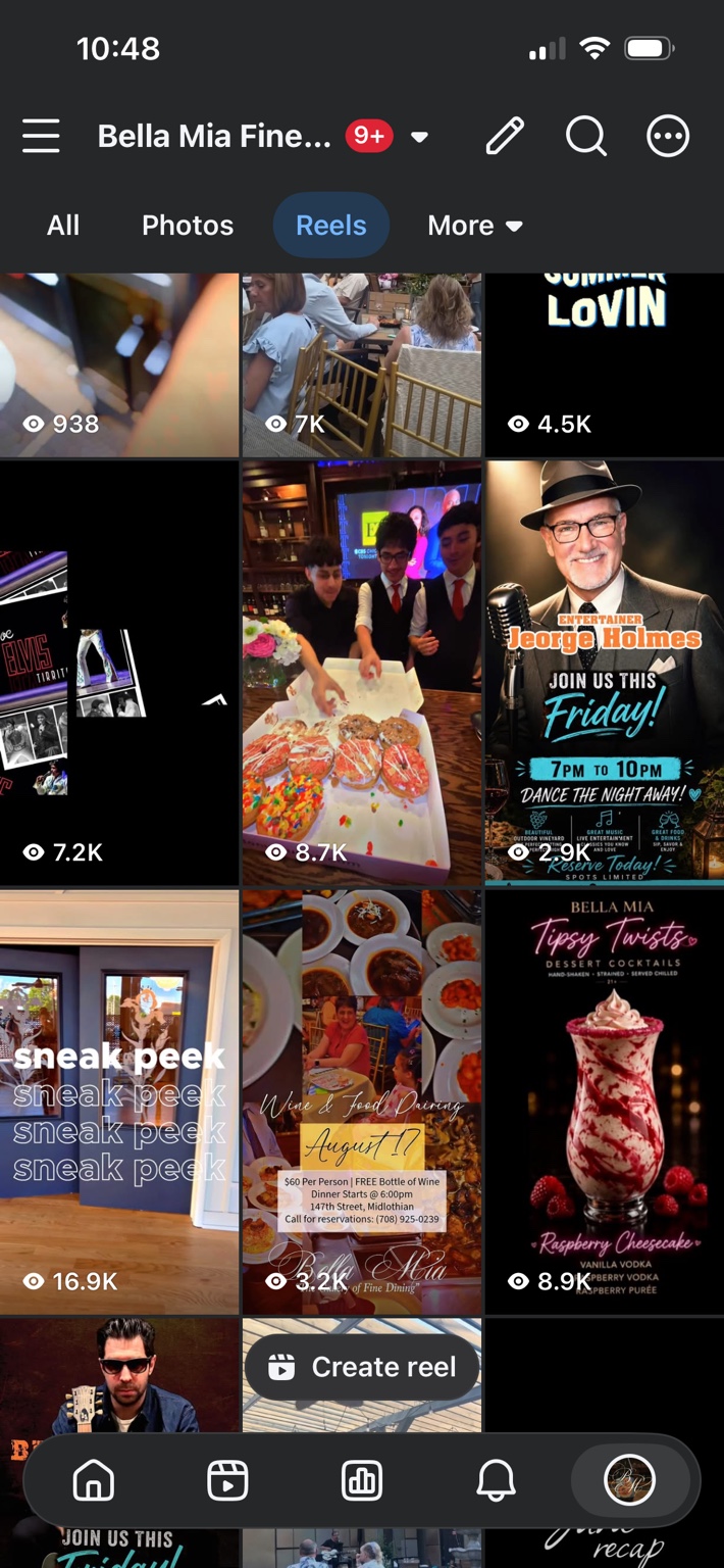 Bella Mia reel results showing multiple videos reaching thousands of views